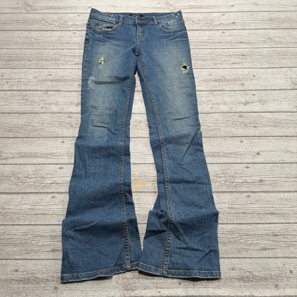 Y2K Brody Jeans Women's 28 Blue Denim Flare Leg Distressed Low Rise Bell Bottoms